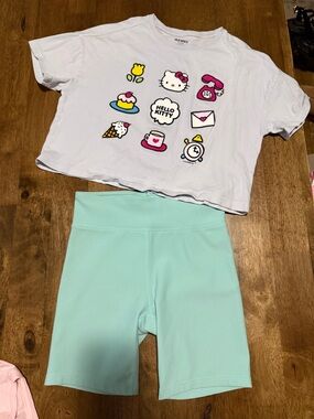 GAP White Hello Kitty Graphic Crop Tee with Mint Green Bike Shorts